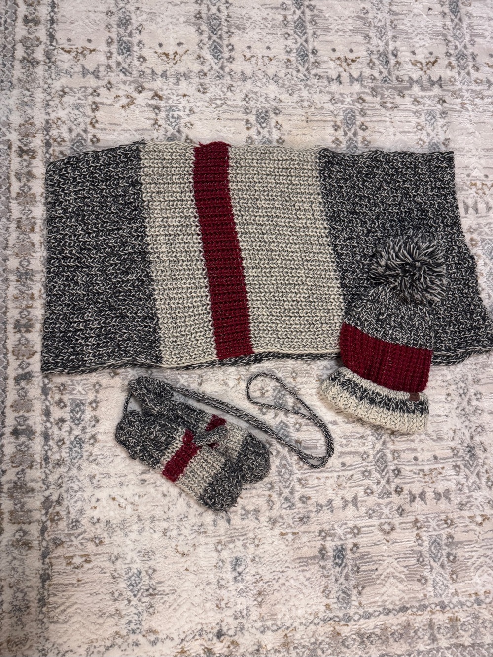 Roots Knit Scarf, Beanie & Mittens Set - Gray, Cream & Burgundy